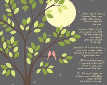 May include: A digital illustration of a tree with pink birds perched on a branch. The tree is silhouetted against a full moon and a dark gray sky with white stars. The image includes a love poem by Neil Young, "On this harvest moon."