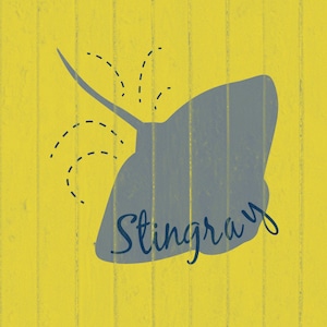 May include: A blue silhouette of a stingray with a dashed line pattern representing water spray on a yellow woodgrain background. The word "Stingray" is written in blue cursive below the stingray.
