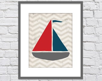 Chevron Nautical Sailboat / Vintage Print/ Nautical Nursery or Playroom/ Distressed look - 8x10, 11x14, 12x16 or 16x20