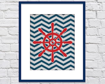 Chevron Nautical Wheel Vintage Print/ Nautical Nursery or Playroom/ Distressed look - 8x10, 11x14, 12x16 or 16x20