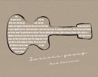 Rod Stewart Forever Young Lyrics/ Guitar/ Taupe Linen background/ Forever Young Nursery/ Retro Wall Art- 8x10,11x14, 12x16, 16x20, 20x24