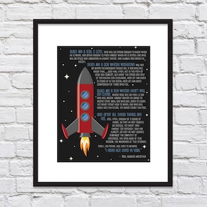 May include: A black and white printable poster with a red rocket ship and a quote about building a son. The quote reads, "Build me a son, O Lord, who will be strong enough to know when he is weak, and brave enough to face danger when he is afraid. One who will be proud and unyielding in honest effort, and humble and gentle in victory."