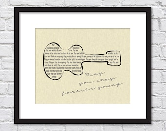 Bob Dylan Forever Young Lyrics/ Guitar/ Linen background/ Forever Young Nursery/ Retro Wall Art  -  8x10,11x14, 12x16, 16x20, 20x24