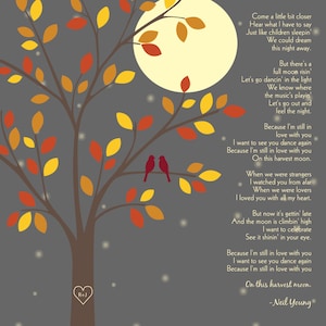 Harvest Moon by Neil Young/Anniversary gift/ First Dance Song Lyrics/ Bridal Shower Gift/ Fall Colors/ Love Birds on Branch 8x10 image 1