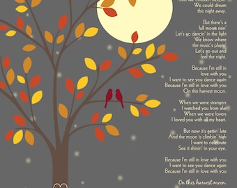 Harvest Moon by Neil Young/Anniversary gift/ First Dance Song Lyrics/ Bridal Shower Gift/ Fall Colors/ Love Birds on Branch - 8x10+