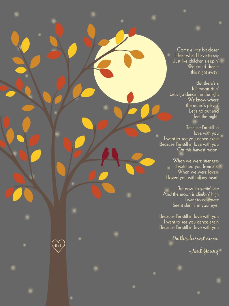 Harvest Moon by Neil Young/Anniversary gift/ First Dance Song Lyrics/ Bridal Shower Gift/ Fall Colors/ Love Birds on Branch 8x10 image 1