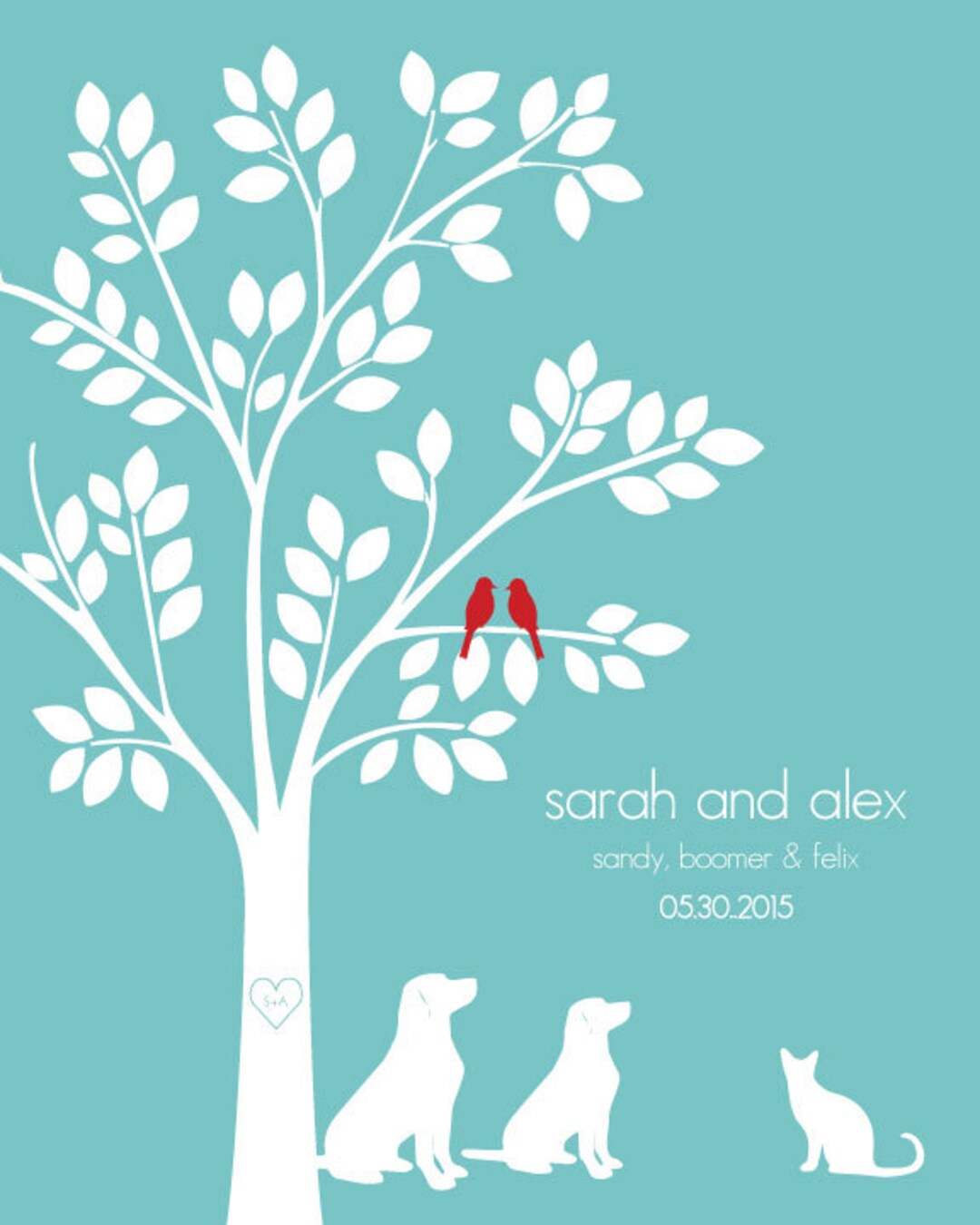Wedding Tree With Love Birds, Labrador Dog and Cat Silhouette ...