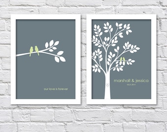 Our Love is Forever/Wedding Tree with Pistachio Love Birds/Bridal Shower/ Gift to Groom/Gift to Bride/Personalized Wedding Print- two 11x14s