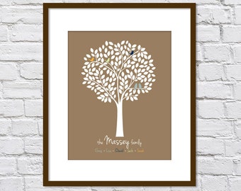 Personalized Family Tree/Mother's Day Gift/Wedding Gift/First Paper Anniversary/House Warming/Family Name/Birds/White & Taupe - 8x10 + up