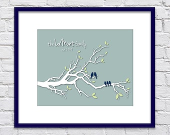 Family Tree Branch with Birds Gift/ Anniversary Gift/ Personalized Custom Love Birds Family/ Established In - Sizes 8x10, 11x14, 12x16