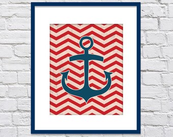 Chevron Nautical Anchor Vintage Print/ Nautical Nursery or Playroom/ Distressed look - 8x10, 11x14, 12x16 or 16x20