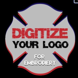 May include: A red and white fire hydrant-shaped logo with the text "DIGITIZE YOUR LOGO FOR EMBROIDERY" in black and red.