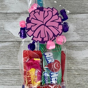 May include: A clear plastic treat bag containing assorted candies including Twizzlers, Airheads, and Swedish Fish. The bag is decorated with a purple glittery paper pom-pom and curled pink and purple ribbons tied at the top of the packaging.