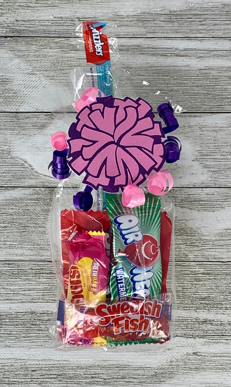 May include: A clear plastic treat bag containing assorted candies including Twizzlers, Airheads, and Swedish Fish. The bag is decorated with a purple glittery paper pom-pom and curled pink and purple ribbons tied at the top of the packaging.
