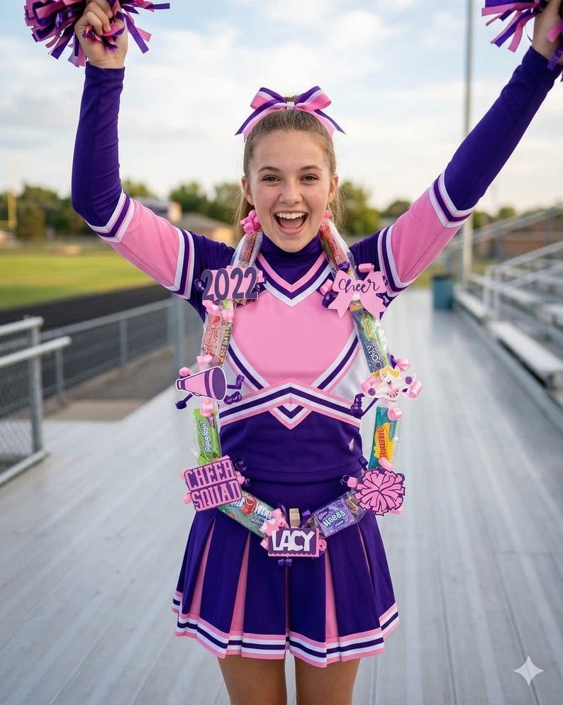 May include: A purple and pink cheerleading uniform with a matching hair bow, featuring a long-sleeved top and pleated skirt. A decorative candy lei is worn around the neck, adorned with small snack packages, a megaphone cutout, and the text 2022, LACY.
