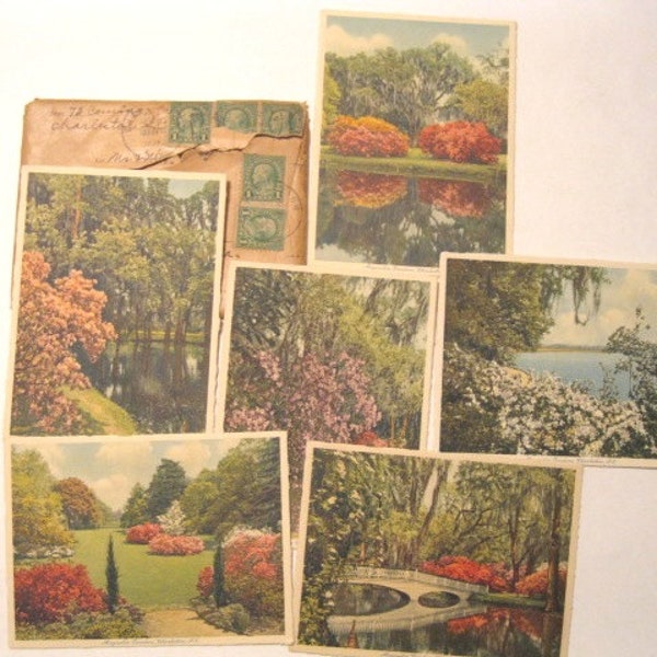 Six Vintage (1932) Swiss made Small Postcards, Magnolia Gardens, Charleston, SC