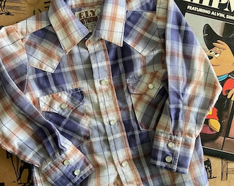 Ely Cattleman Western Wear Pearl Snap Shirt Toddler Boys Size 3 Orange, Blue Plaid
