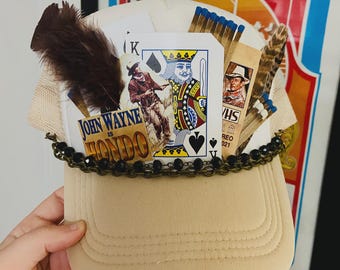 John Wayne Hondo Trucker Hat VHS Tape Baseball Cap Custom Made Western Feathers Cards