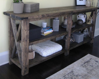 Large Rustic X Distressed Handmade Console / Media Table - 74.5"L