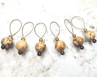 Picture Jasper and Garnet 6pc Stitch marker Set OR 4pc leverback clasp set