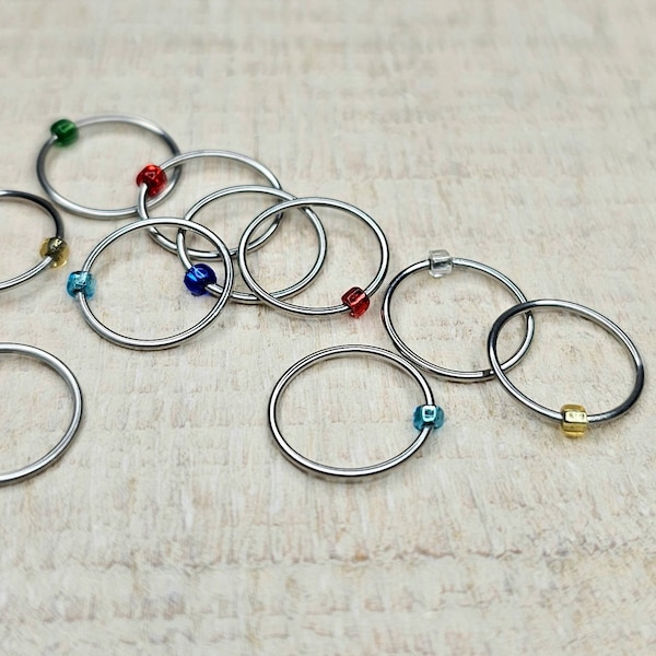 Closed Ring(original) Stitch Markers, thin gauge stainless steel with antique seed bead, colors vary, Snag-free Knitting