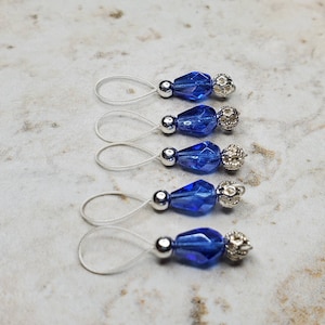 Blue glass bead and silver 5pc stitch marker set, Snag-free for knitting