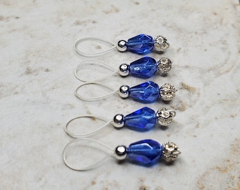 Blue glass bead and silver 5pc stitch marker set, Snag-free for knitting