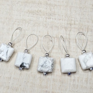 White Howlite square 5pc Stitch marker Set, Snag-free for knitting