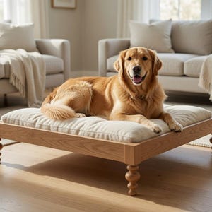 May include: A golden retriever dog resting on a rectangular pet bed. The bed features a light-colored, tufted cushion set within a natural-toned wooden frame that stands on four decorative, turned legs with a classic, rounded spindle design.