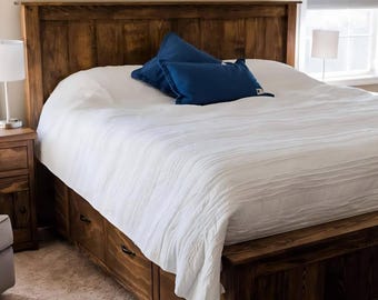 Signature Farmhouse Bed | Solid Wood Bed Frame with Storage Drawers | Rustic Bedroom Furniture | Custom Sizes Available