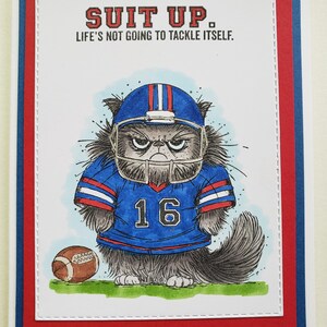 May include: A greeting card with a cartoon cat wearing a blue football helmet and jersey with the number 16. The text "SUIT UP. LIFE'S NOT GOING TO TACKLE ITSELF." is at the top. The card has a red and blue border.