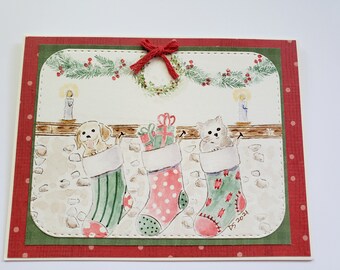 Watercolor Stockings on Hearth Christmas Card