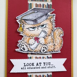 May include: A graduation greeting card featuring a grumpy cartoon cat wearing a mortarboard and holding a diploma. The card has a red background with a white banner that reads "LOOK AT YOU... all educated and stuff."