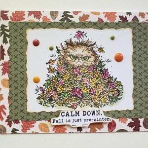 May include: A greeting card featuring a grumpy cat illustration buried in a pile of colorful autumn leaves. The card has a background of patterned fall leaves, a green cross-stitched border, and text that reads, CALM DOWN. Fall is just pre-winter.
