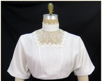 Edwardian Linen Blend & Lace Short Sleeve Blouse