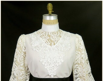 Blusa victoriana de encaje y piel de melocotón blanca antigua