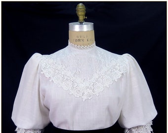 Victorian Rose Lace Short Sleeve Linen Blend Blouse