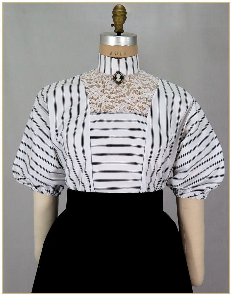 Steampunk Costumes, Outfits for Women Edwardian Black and White Stripe Lace Blouse $65.00 AT vintagedancer.com