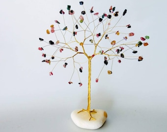 October birthstone gift, 8th anniversary gift, Tourmaline gemstone tree sculpture