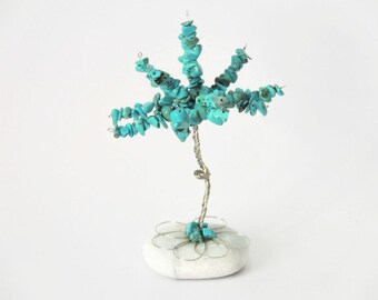 Fathers day, Teal turquoise wire tree, Mini feng shui tree, Lucky tree,Crystal tree, bonsai tree, mini Gem tree on white pebble
