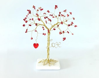 35th Anniversary Gift, 35th wedding anniversary, Coral tree sculpture, Garnet gemstone tree with Swarovski crystal Heart, Ruby anniversary
