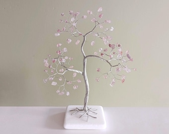 Escultura de árvore de quartzo morango, arte com cristal de cura emocional, presente de aniversário para ela, decoração de casa da árvore da vida