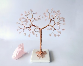 Árvore da Vida de Quartzo Rosa, Presente de Aniversário de Cobre para Ela, Arte em Arame, Presente de 7º Aniversário de Amor Incondicional