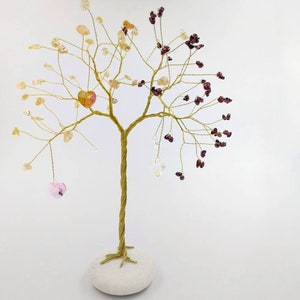 Family tree with gemstones and crystal hearts, Gemstone tree sculpture, Tree of life