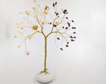 Family tree with gemstones and crystal hearts, Gemstone tree sculpture, Tree of life