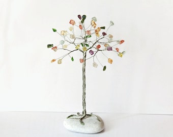 Gemstone tree sculpture, wire tree, Birthstone family tree, Pastel decor, Wire art