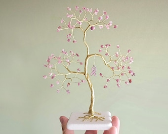 Pink Tourmaline tree of life wire sculpture, Breast Cancer Awareness & Survivor gift, Healing crystal art for Cancer Free Journey