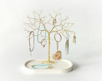 Jewelry tree holder with trinket tray, Ring dish organizer, Jewelry stand gift, Jewelry storage, earring holder, Jewelry organizer