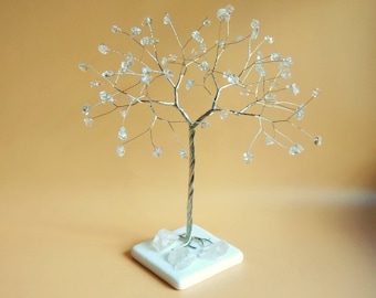 Escultura de árvore em cristal de quartzo, fio prateado, presente de casamento