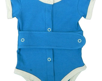 May include: A blue baby onesie with white trim and snap closures. The onesie has a built-in belt with snaps.